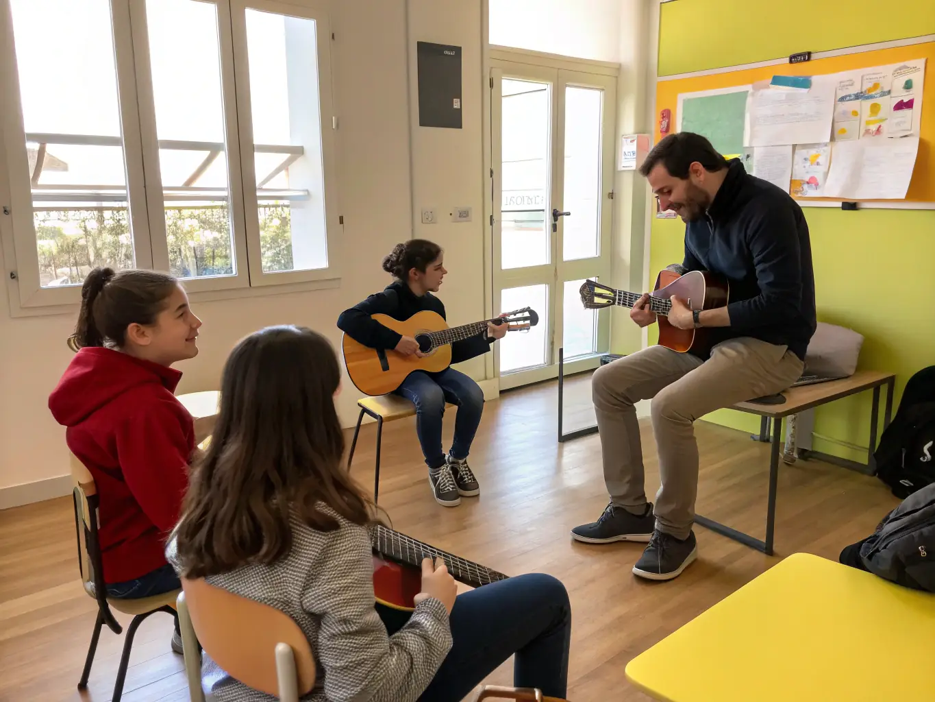 A vibrant photo capturing a beginner's guitar workshop at ECHO DES GLACIERS, showing participants learning basic chords with an instructor guiding them.