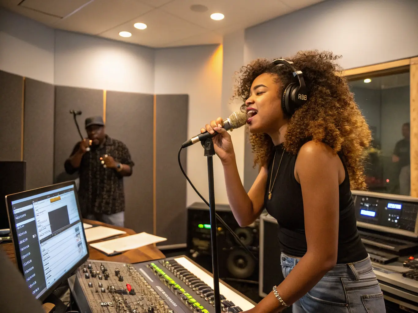 A focused shot of a vocal coaching session at ECHO DES GLACIERS, highlighting the personalized attention and expert guidance provided to aspiring singers.